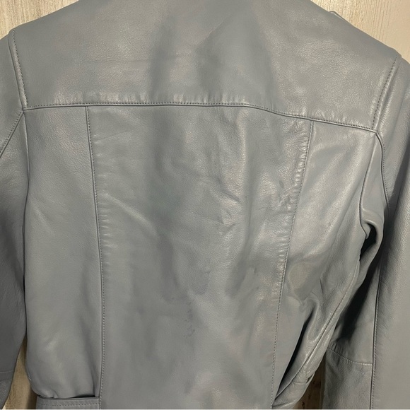 All Saints Moto Biker Zippered Belted 100% Lamb Leather Jacket size 0 Blue Gray - Picture 8 of 11